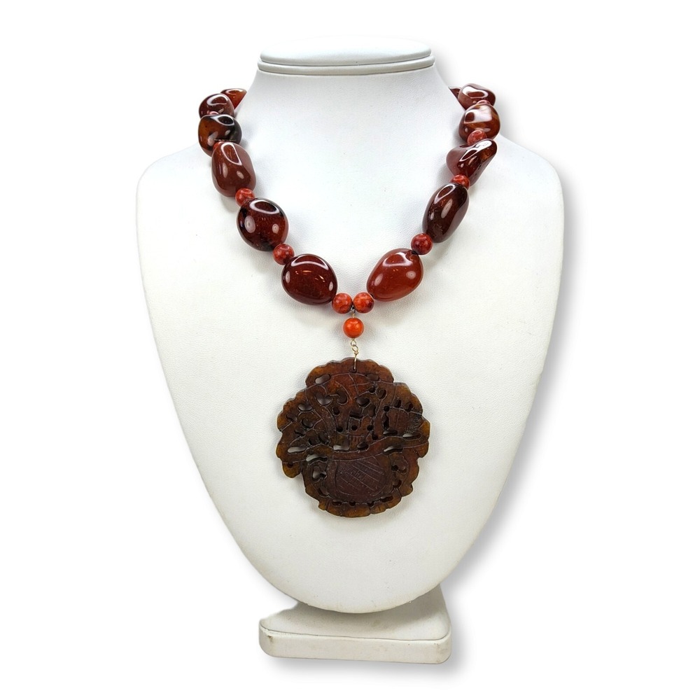 Vintage Necklace Red Agate Red Coral 18in Carved Flower Pendant 14K Gold Clasp